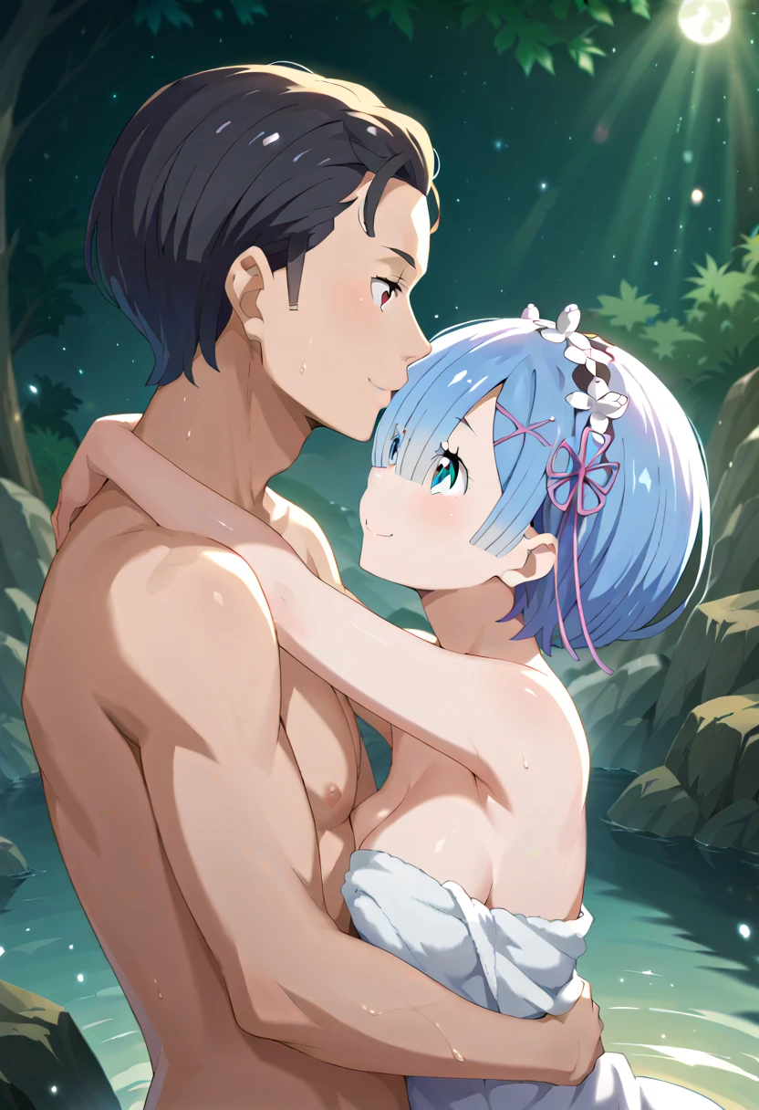  Max Image、 High Quality 、18 years old、 1 girl,  1 boy ,masterpiece,Woman relaxing in a hot spring ,Towel Naked、Close the woman ,A naked man is hugging a woman and having sex, deep kiss,(Rem Rem  / Re:Zero), soaking up to the shoulder、,Looking up at the moon、 bright smile next to the gorilla,Assatis FIDE LOOK , beautiful inspirational light,Graceful water flow, Pleasant atmosphere ,Quiet and calm background、The brightness of the moonlight,   perfect lighting , 、Bokeh,  the depth of the border is written ,  blurry background,、red eyes、
