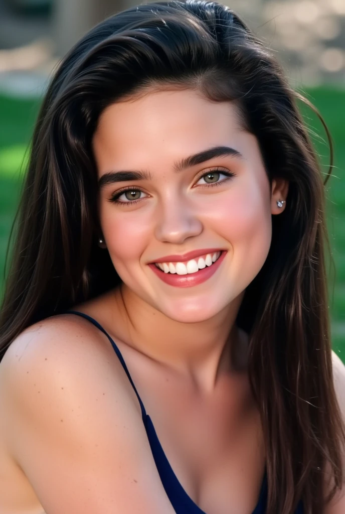 The image is a high-resolution photograph featuring a cute teenage movie star Jennifer Connelly., 
emphasizing her striking natural beauty.,
A vibrant close-up of Jennifer Connelly,
The image makes her face the focal point.,

She has a beautiful face, with gracefully arched nose, 
She is smiling shyly., 
She shows a modest hint of pink lipstick., natural lips with glossy color,.
She has modest brown eyebrows.,

She has youthfully fresh and succulent fair skin.,
She has a fair unblemished skin tone.,
She is a little sweaty., 
with youthful, fresh, sweaty shiny , fair skin,

no makeup,
She has long straight dark hair shiny sweat.,

She wears dark blue racing swimsuit., 
The image hilights her perky well-shaped large breasts,.

She sat on the grass by the swimming pool.,
The natural light illuminating on her wet skin.,  

The overall mood is serene and inviting., 
The overall mood of the photograph is of striking clarity yet sensual and inviting.,

Her dark hair that falls just past her shoulders, emphasizing the cuteness and youthfulness of her appearance., 
The overall tone of the image is somewhat sensual.,

high resolution, accurate, many awards, high definition model, high quality, retina, textured skin, ultra high resolution, highly detailed, quality, high detail, detailed, best quality, masterpiece,