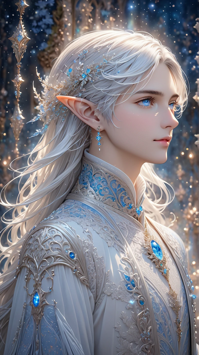 
“A fantasy illustration of a beautiful and elegant high elf with flowing silver hair and striking blue eyes, exuding an ethereal and intellectual aura. The elf is adorned with round glasses and wears intricate, Victorian-inspired attire in soft pastel tones with delicate lace and embroidery. The setting is illuminated by warm, glowing light from a mystical moon behind, creating a dreamy and enchanting atmosphere. The elf’s graceful pose and thoughtful expression highlight his refined and otherworldly charm. High-quality rendering with masterpiece-level details, holding a star , Long pointed ears,  high definition , masterpiece,  anatomically correct,  high image quality model , quality, high quality,  textured skin,  very detailed ,  glitter effect,  lens flare,  illustration on collar,  decorative art, male、Glasses