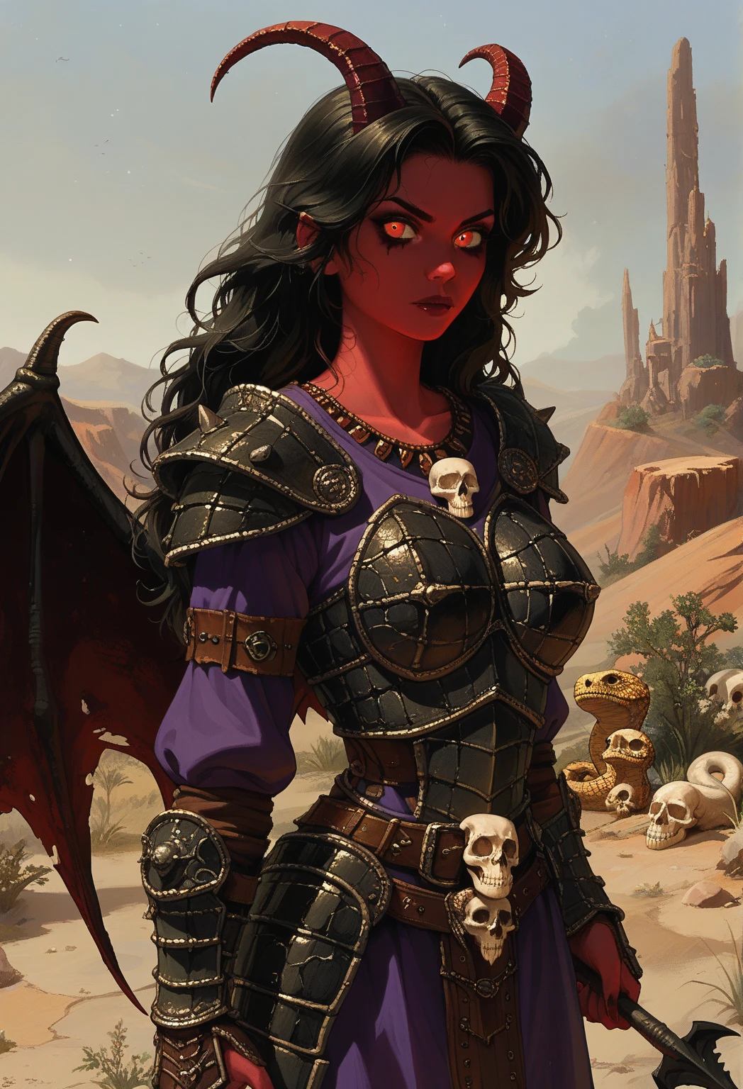 Black hair, spiky hair, extremely long hair, demonic female, demon horns, bat wings, magenta robes, purple tunic, black leather armor, thief armor, rogue armor, tribal armor, spiky armor, solo, fantasy, female demon, snake skin, scaly copper skin, black spots, scaly skin, goat pupils, sinister expression, villainess, evil woman, demonic appearance, sinister appearance, monstrous appearance, tribal accessories, red halberd, goat pupils, full armor, medieval armor, tunic, robes, armored woman, demon armor with skulls, evil armor, demon armor, demon wings, large bat-like wings, tattered wings, skull armor, bone armor, desert background, wasteland scenery