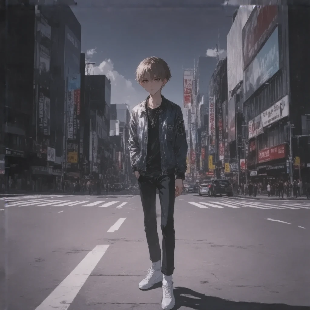 boy ,1boy, brown hair, modern theme, ultra detailed illustration, kawaii anime, ethereal atomosphere,,,,sunny, bright image, he is  walking at the street in Shibuya Tokyo Japan, front , full body, white shoes, full length, look at me,