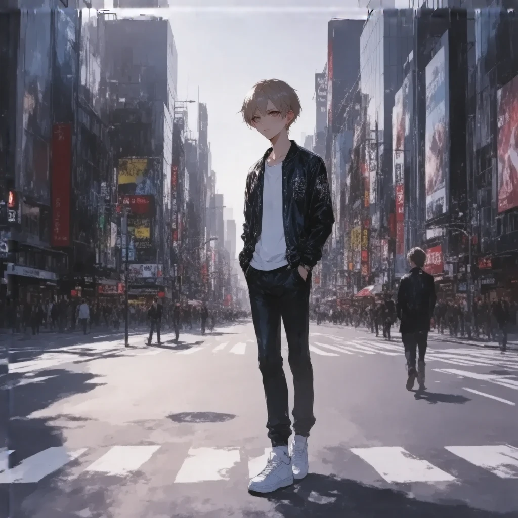 boy ,1boy, brown hair, modern theme, ultra detailed illustration, kawaii anime, ethereal atomosphere,,,,sunny, bright image, he is  walking at the street in Shibuya Tokyo Japan, front , full body, white shoes, full length, look at me,