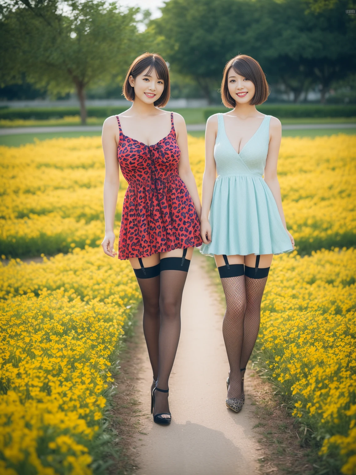 top-quality、​masterpiece、4K、8K、Photorealsitic、Women in Japan、cute little、a straw fedora hat、grass field、Sunnyday、White dress、a smile、full bodyesbian、Farsight、