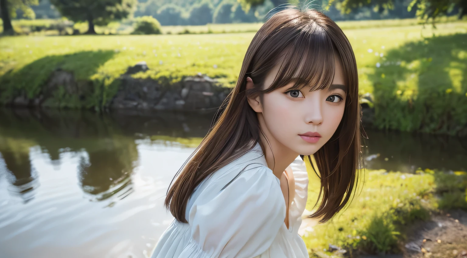 (((masterpiece))), highest quality, Very detailed, Detailed Background, 18mm wide lens, Long Shot, Quiet lakeside bench in the woods, Sitting, Very beautiful girl in the distance, Japanese, 12 years old, Detailed face, bangs, (whole body:1.3), (Random Hairstyles :1.2), (Young Face), (Perfect body:1.1), blouse, skirt, autumn, In 8K, wallpaper, wonderful, In detail, Very detailedな, 超A high resolution, Very detailed, Pure erotic face, Very detailedな目と顔, Beautiful fine details, Very detailedな肌, No makeup, (Natural Skin),