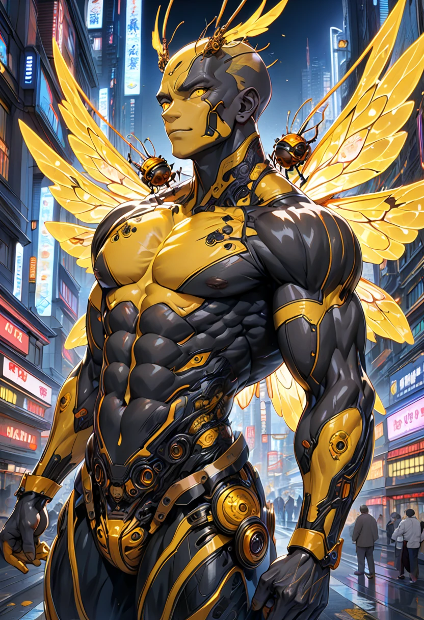 ((absurdres)) perfect whole body, ultra photorealistic, top quality, Photorealistic, ((16k UHD)) High Definition, high-res, ultra sharp, masterpiece, the best quality, intricate details, detailed eyes, perfect face detailed face, (((in a cyberpunk city))) orange goggles, masterpiece, highly detailed exquisite character art, perfectly detailed anatomy, detailed body, detailed pecs, hyper pecs, thick thighs, (((sunny weather))) (((natural lights))), ultra-realistic, (((1male))) ((tall muscular man male humanoid)), bald, humanoid yellow skin, bee anatomy, deity, god of honey bees, humanoid black & yellow skin tone, yellow hue, powerful humanoid appearance, compound eyes, stinger, abdomen, metallic scales, scales. Metallic armour, wings, elf ears, glossy skin, large smirking face, flying in the sky, mandibles, Antenna, honey, ((male muscular stripe black & yellow humanoid insect honey bee)) (((yellow skin))), (((black skin)))