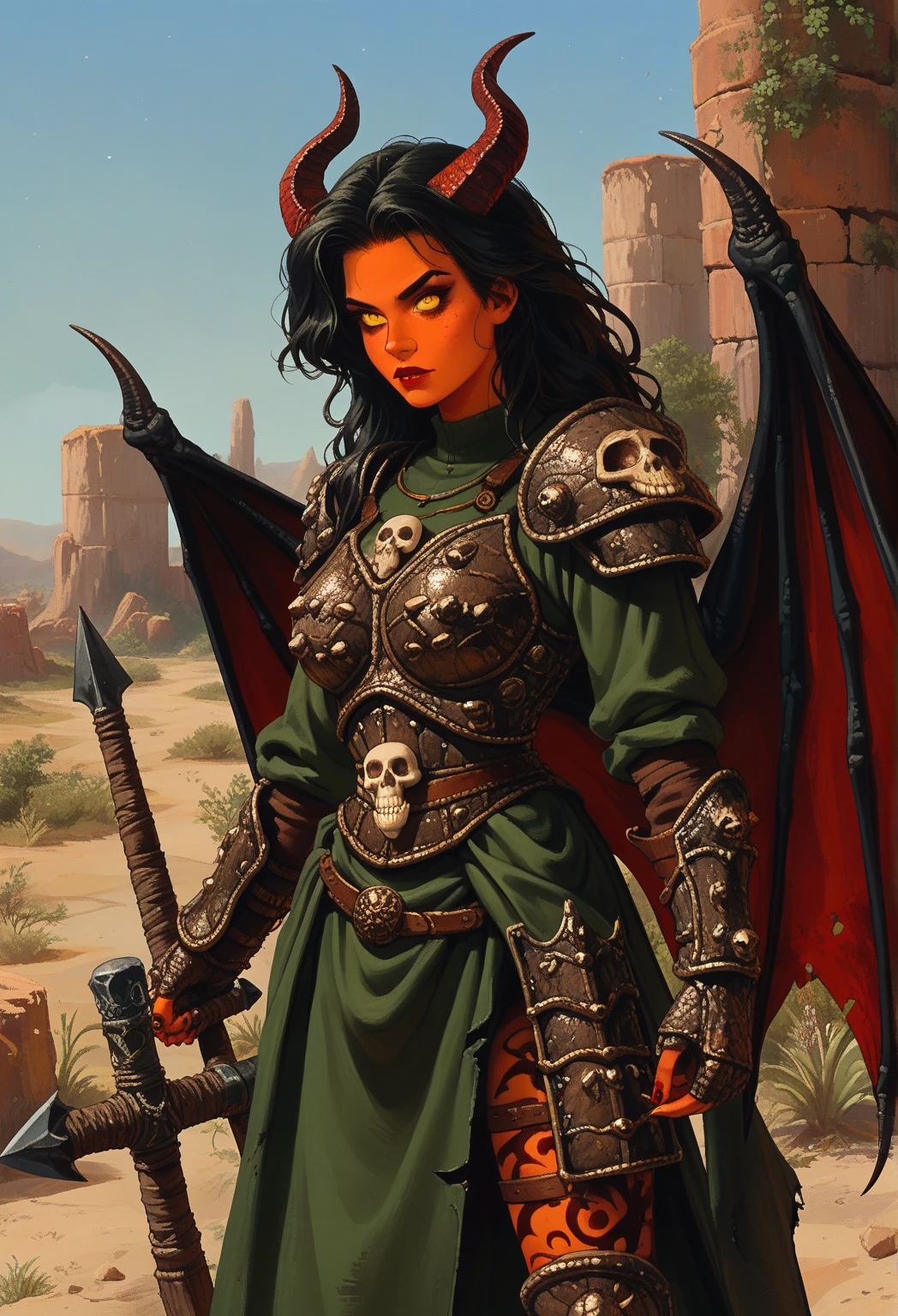 Black hair, spiky hair, extremely long hair, demonic female, demon horns, bat wings, magenta robes, green tunic, black leather armor, thief armor, rogue armor, tribal armor, spiky armor, solo, fantasy, female demon, snake skin, scaly dull orange skin, black spots, scaly skin, goat pupils, sinister expression, villainess, evil woman, demonic appearance, sinister appearance, monstrous appearance, tribal accessories, red halberd, goat pupils, full armor, medieval armor, tunic, robes, armored woman, demon armor with skulls, evil armor, demon armor, demon wings, large bat-like wings, tattered wings, skull armor, bone armor, desert background, wasteland scenery