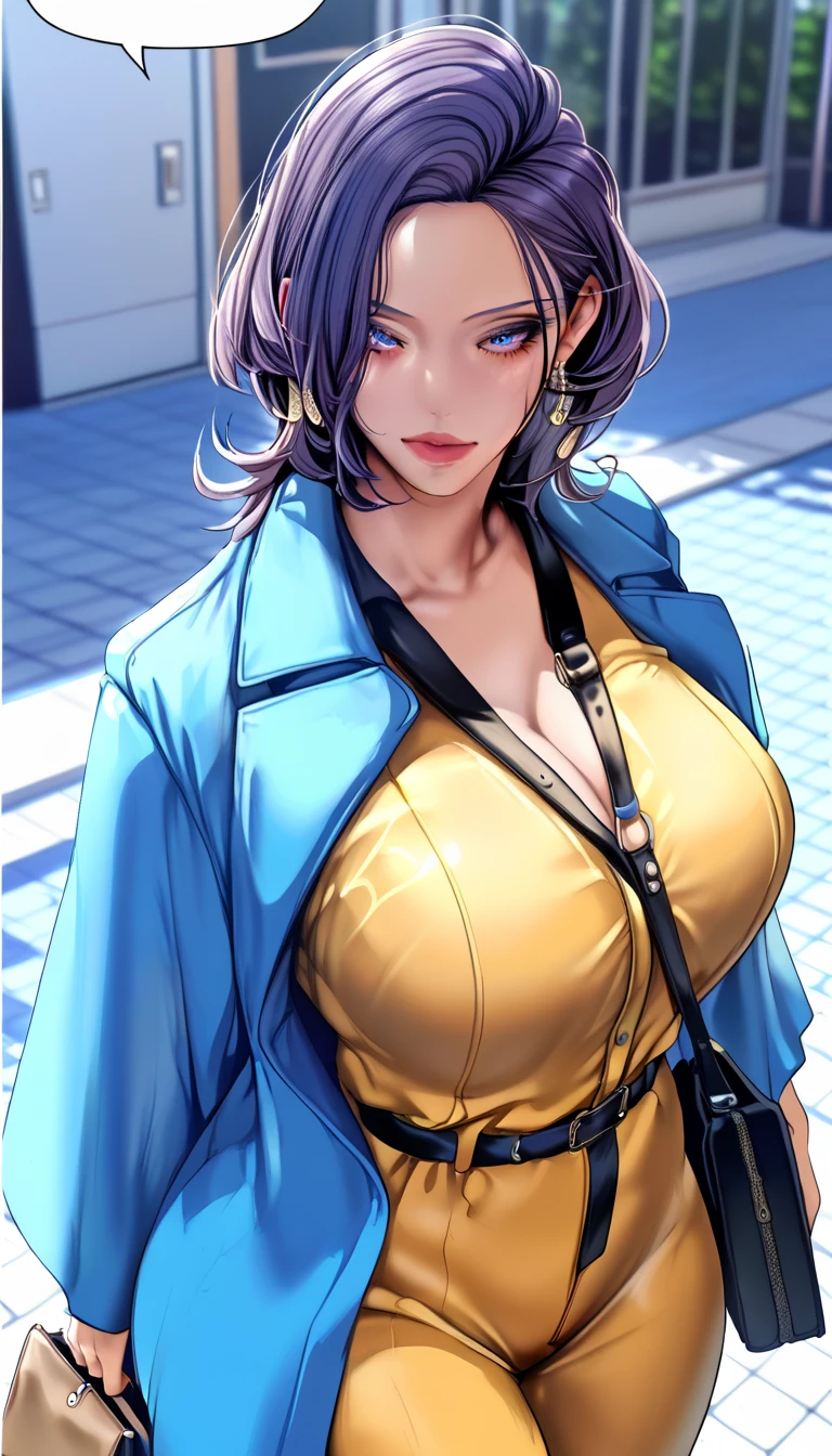 (masterpiece, best_quality:1.2), 1girl, solo, mature female, kim mi-jung, purple hair, (office work:1.5, light blue coat, yellow jumpsuit), (holding a bag), watches, belts, earrings, beautiful eyes, female focus, looking at viewer, large breast, wide hips, ((above view)) ((close up shot)) ((solo)) detailed, very high resolution, no blurry image, (cowboy shot), standing, beautiful, elegant, serene expression, intricate details, detailed background, outdoor:1.3