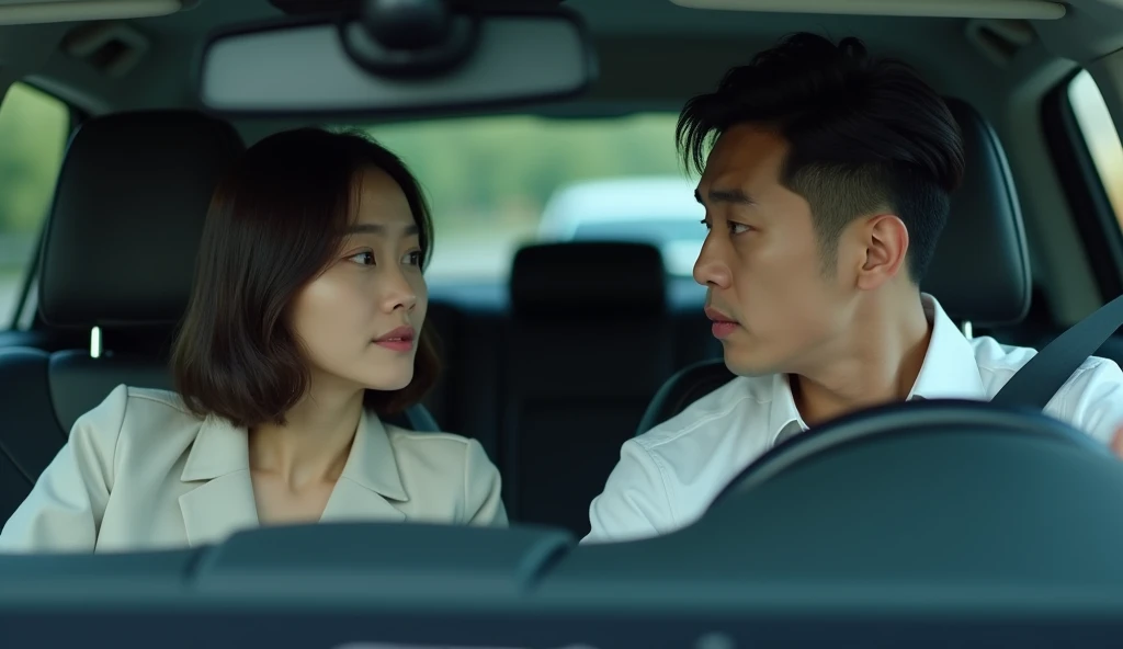Dark image of a handsome Korean CEO and his bride in wedding dress in distress in a car