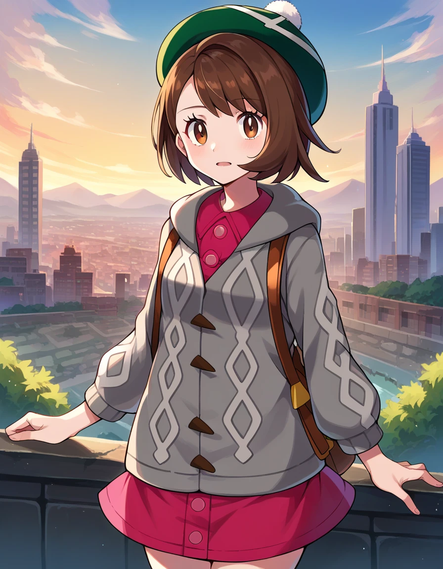 score_9, score_8_up, score_7_up, source_anime,
pokemongloria, pokemongloria, brown eyes, brown hair, medium hair,
cardigan, dress, green headwear, grey cardigan, hood, hood down, hooded cardigan, long sleeves, pink dress, short dress,
outdoors, cityscape,
looking at viewer, cowboy shot, dutch angle,