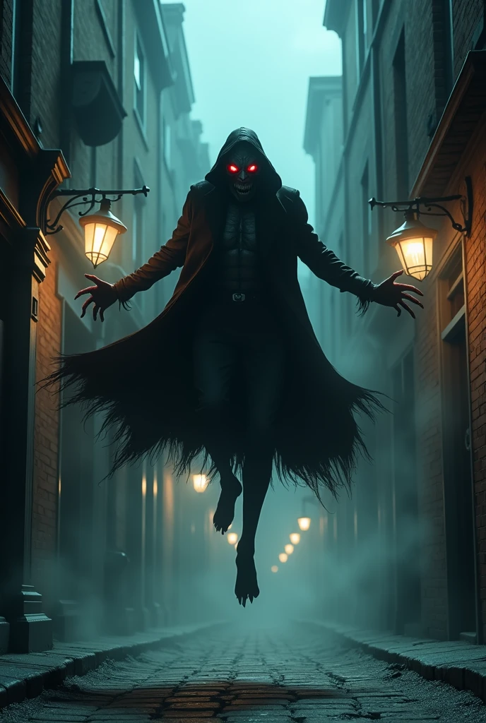 Create a terrifying image of Kage no Satsujinsha, a killer lurking in the shadows. It moves from shadow to shadow, stalking its prey from behind. The setting should be a dark, shadow-filled alley or a shadowy, abandoned mansion, highlighting its stealthy and murderous nature.