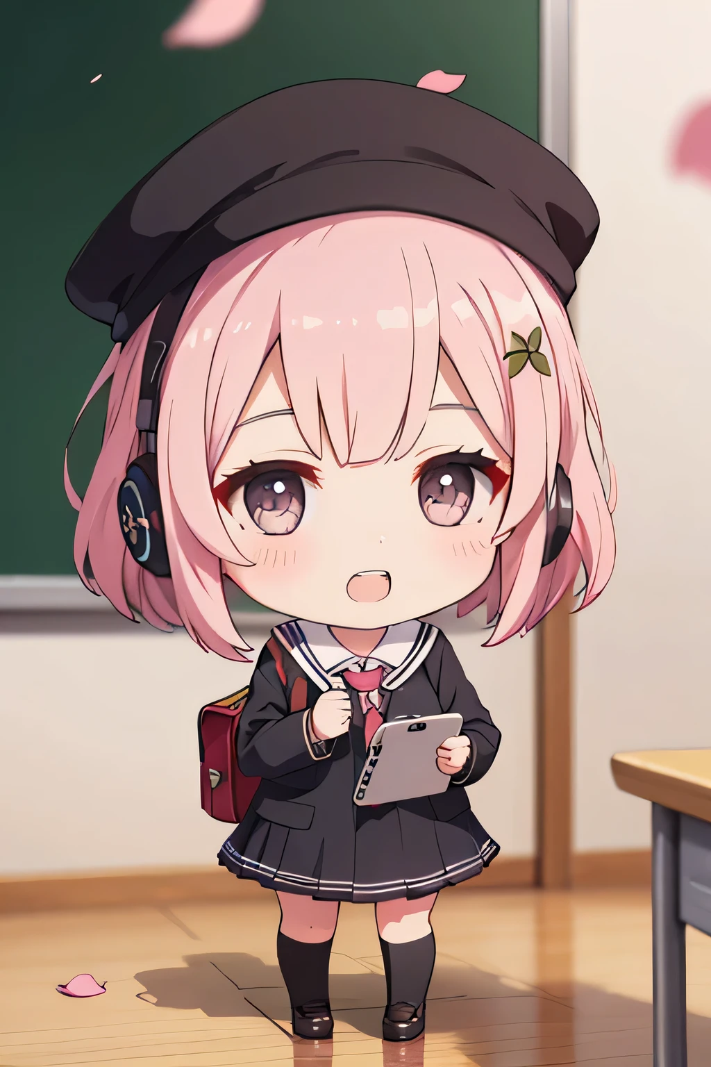 happy girl ( showing teeth), standing, combat pose, pink hair color, school fund, school fund(classroom), complete anatomy, graphic effects , ornament of a flower-shaped accessory on the head, aura, white cap, notebooks, school supplies , cell phone, Earphones, height 159 cm ( 5 feet 3 inches ), summoning circle, fire around, strong breeze , sakura petals and leaves, primera persona, blush, looking at the spectator, Charm, Pausa de toque ciego looking at the spectator, very detailed face , 8K, light and shadow effect. Masterpiece, The Best Quality , fullbody, Chibi, , (change:1.2), Nendoroide, PVC models