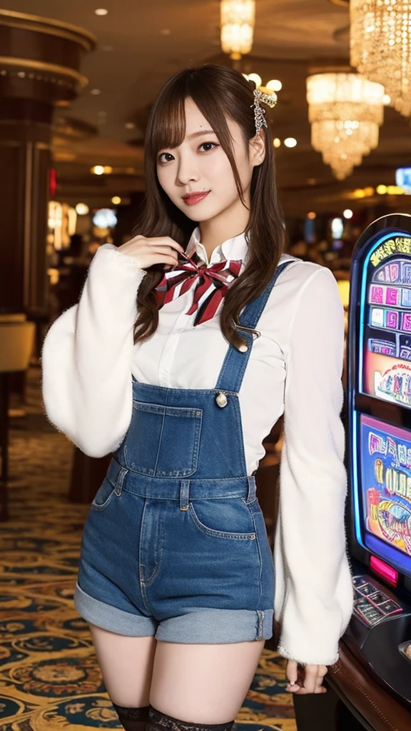 rabbit,rabbit耳朵, black rabbit耳朵, fake rabbit耳朵, stockings, black stockings,bow tie, Wristband ,   black overalls  , casino, roulette table , poker chips , slot machine,chandelier (【8k,  original photo,  top quality, masterpiece:1.2), (realistic,  photorealistic :1.4), (extremely detailed 【8k wallpaper), Japanese pretty idol female collage.
