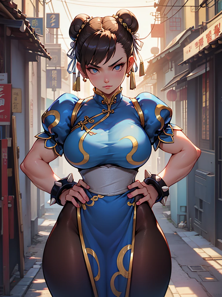 masterpiece,Highest quality, Unreal Engine, Super Resolution, Very detailed,
1 Girl, Waist, thin, (Muscular:0.8)
Round Breasts, Big Breasts, bold,  Lips parted, Observe the audience,
Are standing, sexy pose
Waist shot,
Simple background anime style, Key Visual,
Hair Bun, Blue Chinese clothing, Chunli, Street Fighter,Sticky with sweat,Clothes are also wet, 