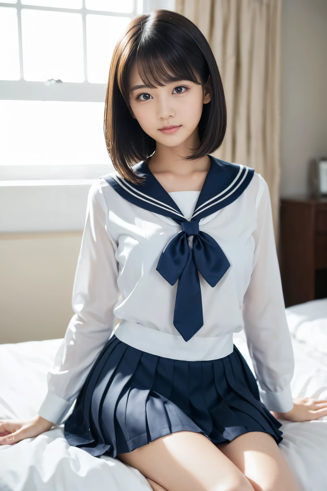  top quality, ８ｋ,   professional lighting ,  beautiful girl,  , (Super cute face like a popular idol:1.2), ( detailed face ,  white skin, light makeup, Young Face),  natural look , ( thin eyebrows),  black hair, (bangs, Straight Bob,  shiny hair), delicate, ( smaller breasts, ), ( white sailor school uniform、 navy blue pleated skirt :1.2),  bedroom, とても beautiful girl, upper body、 Portraits,