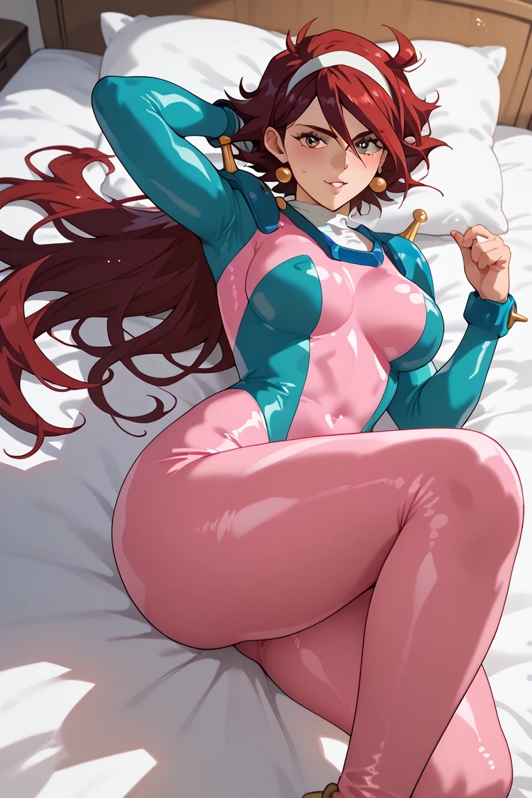  pirot suit　skin tight bed　  　　     invited position 　 sexy　     showing private parts 　 open thighs　 　　　M-shaped legs　                      
   ecstatic expression　
rain mikamura dark red hair　　　　
 