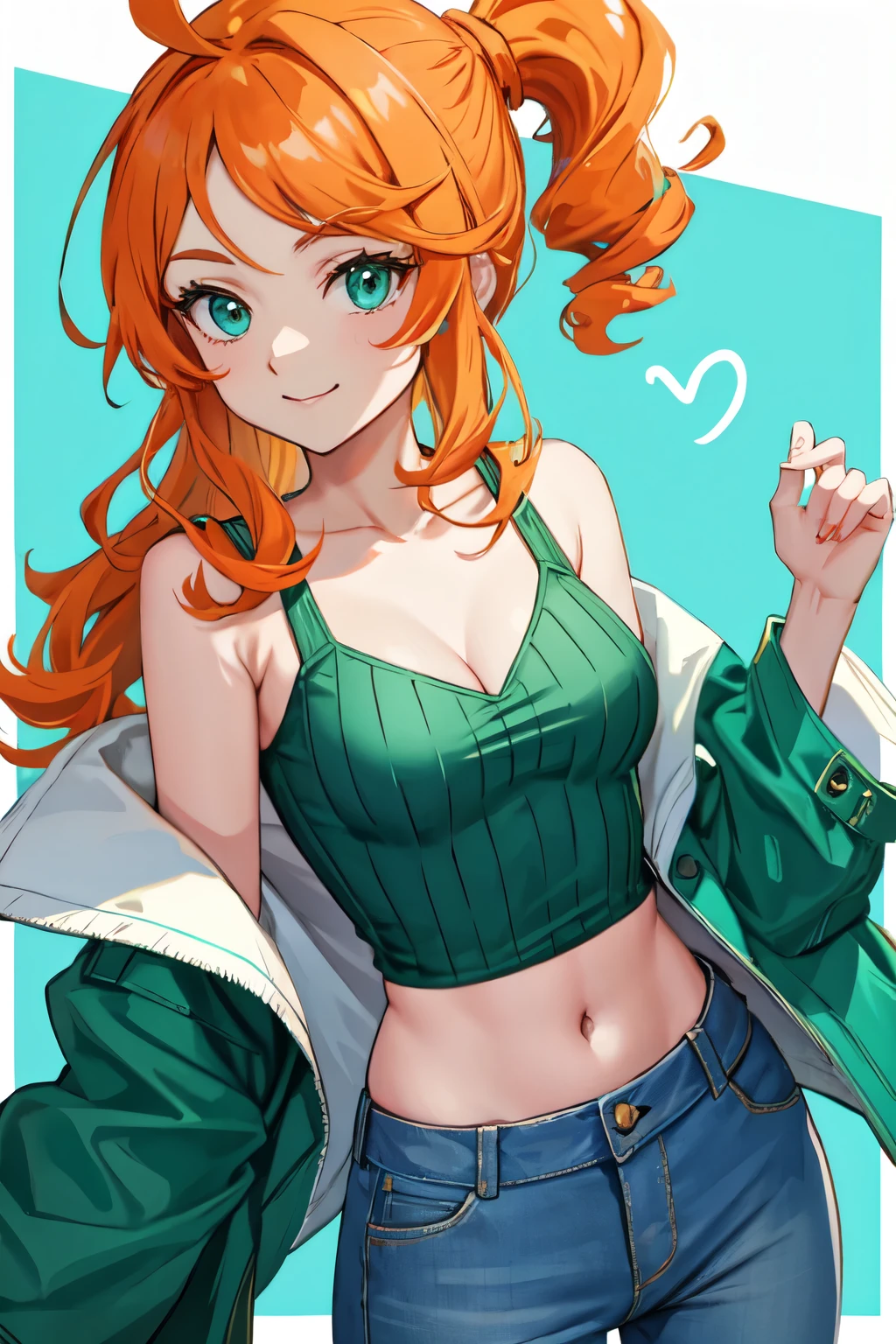 sonia, side ponytail, cowboy shot, 1girl, collarbone, green top, green_croptop, aqua eyes, orange hair, heart hair ornament, looking at viewer,, smile, solo, long hair, brown coat, white background, light smile, cleavage, jeans,