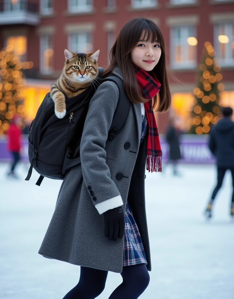 ultra-realistic, photorealistic, dramatic scene, shadow, global-illumination, solo, (teenage Japanese famous idol girl), very beautiful fragile Japanese girl, very beautiful with very cute but boyish cool face, (very large breasts), slim waist, (wearing a gray colored Japanese high school cute uniform of white shirt with blazer and skirt), (red ribbon), (stylish winter coat), ((checked dark red woolen scarf)), (glove), (She is wearing dark navy tights), (squatting), (very large breasts), (The cat is hiding in her backpack), (A giant fat cat peeks out of her backpack), (She is Figure skating at an outdoor skating rink in the red brick warehouse district:1.3), the warehouses are festively decorated with Christmas illuminations, she looks so happy, happy smile, (there are festively decorated Christmas trees), showing a graceful ice skating technique, quick turn, Brilliant turns on ice skates, professional lighting, (shoot from side)