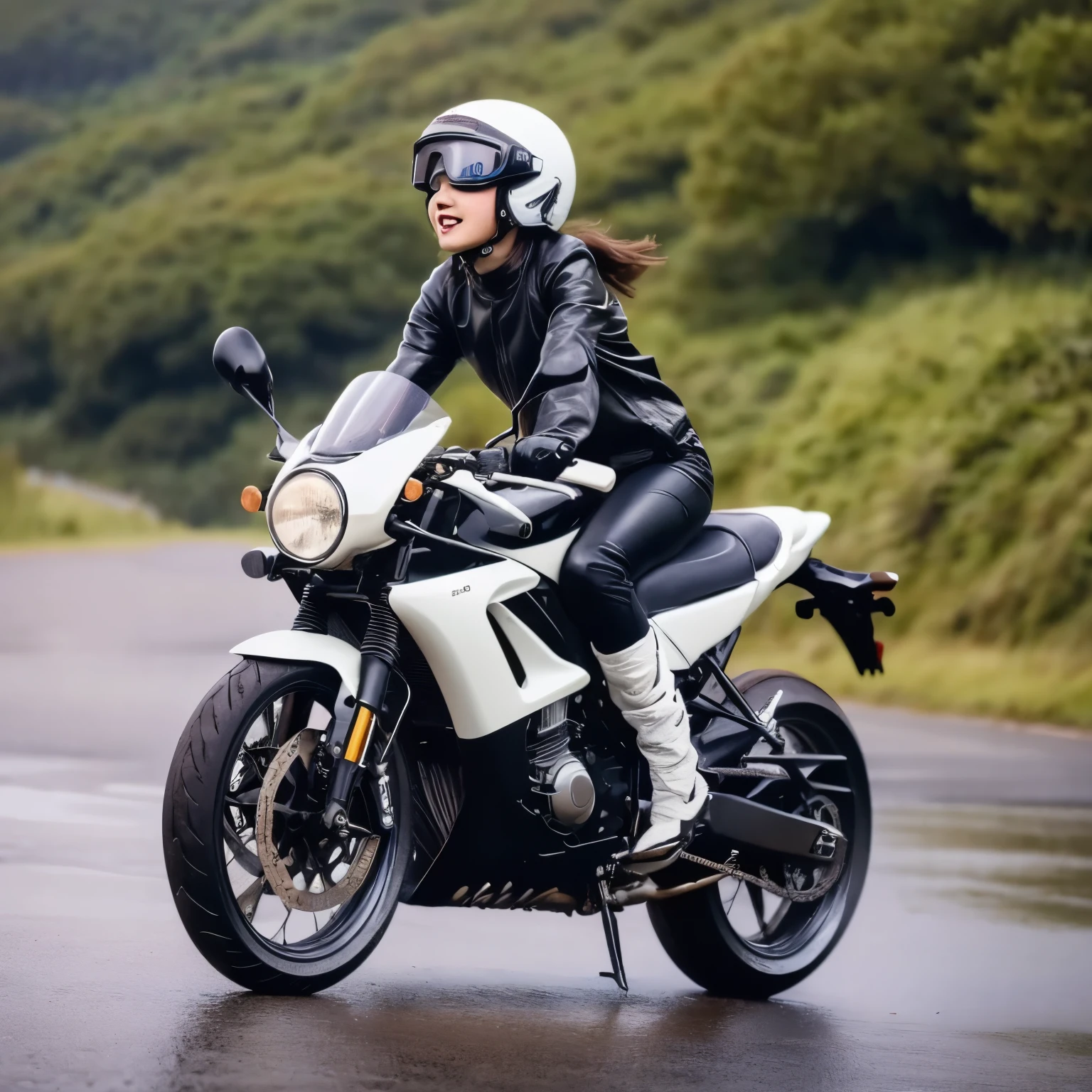 (A young female rider speeds along on a motorcycle)、Vintage Bikes、Bluff Superior SS100、Isle of Man Races、Leather jumper、Cromwell helmet with goggles、After the Rain、English countryside、(Highest quality, masterpiece, High resolution)、8k、wallpaper,masterpiece, best quality  extremely beautiful and fain colors ,cute face  ,