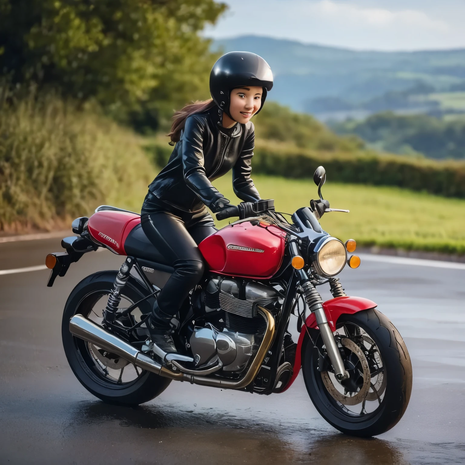 (A young female rider speeds along on a motorcycle)、Vintage Bikes、Bluff Superior SS100、Isle of Man Races、Leather jumper、Cromwell helmet with goggles、After the Rain、English countryside、(Highest quality, masterpiece, High resolution)、8k、wallpaper,masterpiece, best quality  extremely beautiful and fain colors ,cute face  ,