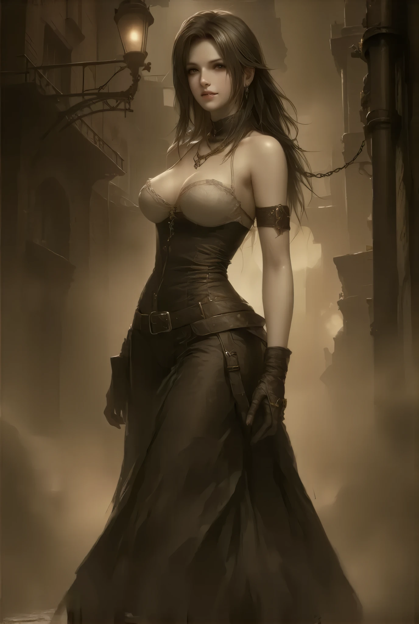 (final fantasy VII:1.2), (steampunk style, Sepia nostalgic painting style:1.3)、(((masterpiece)))、((highest quality))、(super detailed)、(CG illustration)、(so beautiful ))、cinematic light、(((one young lady in  steampunk style dress))), ((large breasts:1.2), (huge breasts:1.2), (Uplifted and well-defined bust:1.2), (lifted chest:1.2), (perky breasts :1.2),(deep cleavage:1.4), 、  near future city,  brick building,  steampunk,  Rusty and heavy, Water vapor from the sewer , , Gear, mechanical,  skyscraper , Tower, Steam power, Steam pipe , Street lamp, ( Cinematic Lighting :0.8,  super detailed, bloom)