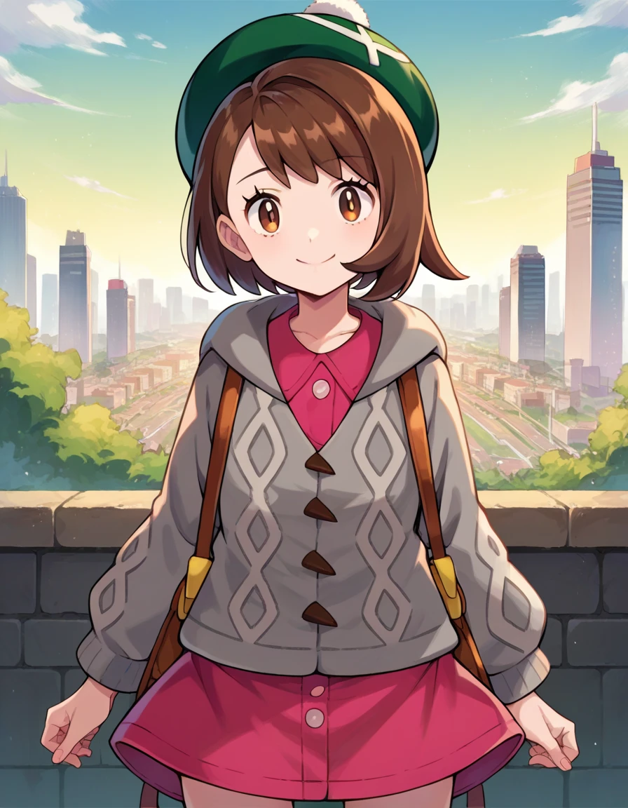 score_9, score_8_up, score_7_up, source_anime,
pokemongloria, pokemongloria, brown eyes, brown hair, medium hair,
cardigan, dress, green headwear, grey cardigan, hood, hood down, hooded cardigan, long sleeves, pink dress, short dress,
outdoors, cityscape,
looking at viewer, smile