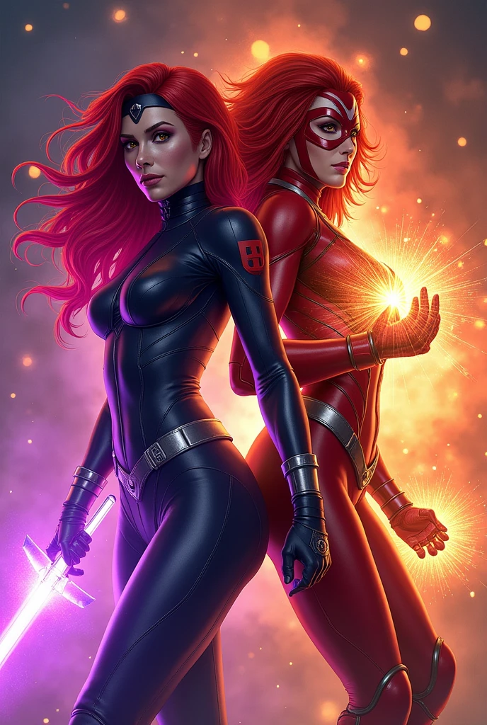 StarFire(teen titans), red hair, glowing green eyes, green gem, purple jumpsuit, large chest, cleavage, boob window, purple stockings, purple sleeves, bloody war in background, fire,