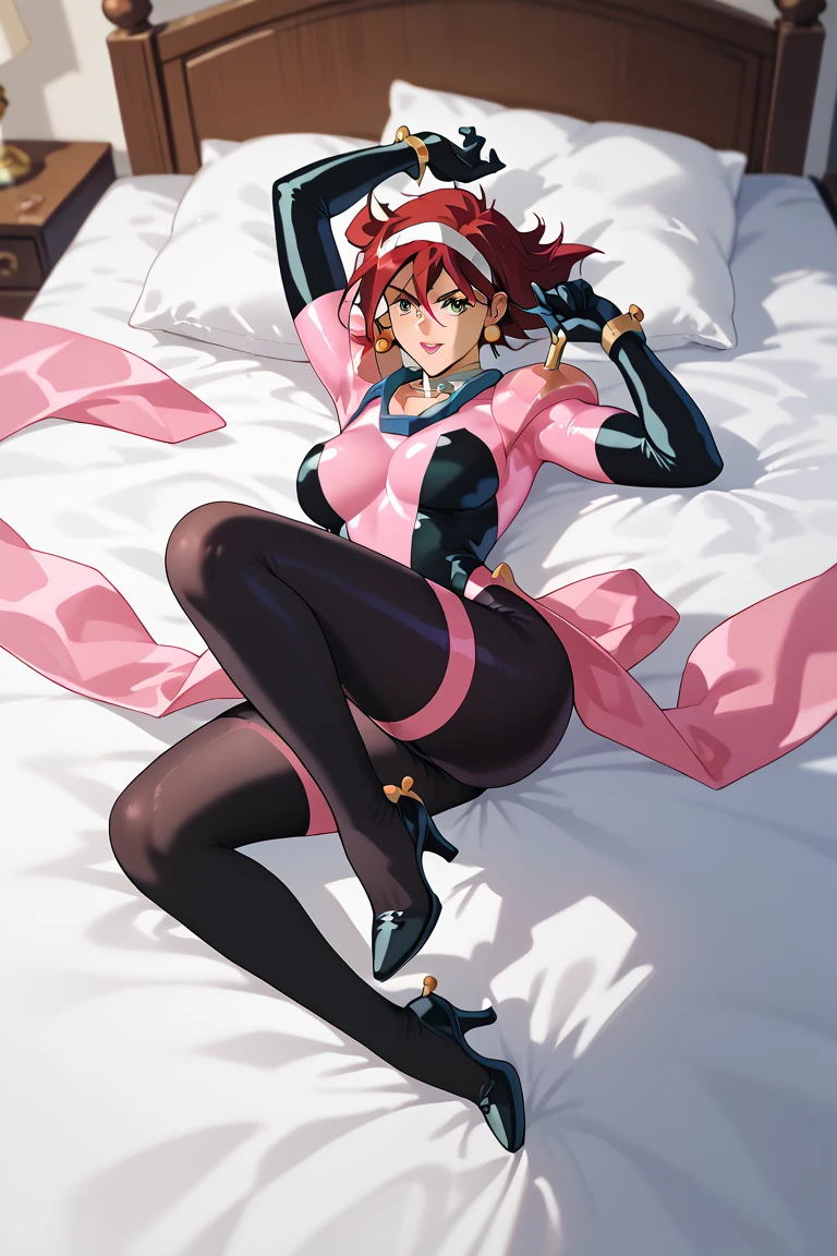 black and pink full body suit　skin tight bed　  　　   invited position 　 sexy　     showing private parts 　 open thighs　 　　　M-shaped legs　                      
   ecstatic expression　
rain mikamura dark red hair　Black leggings　　　
 black long gloves