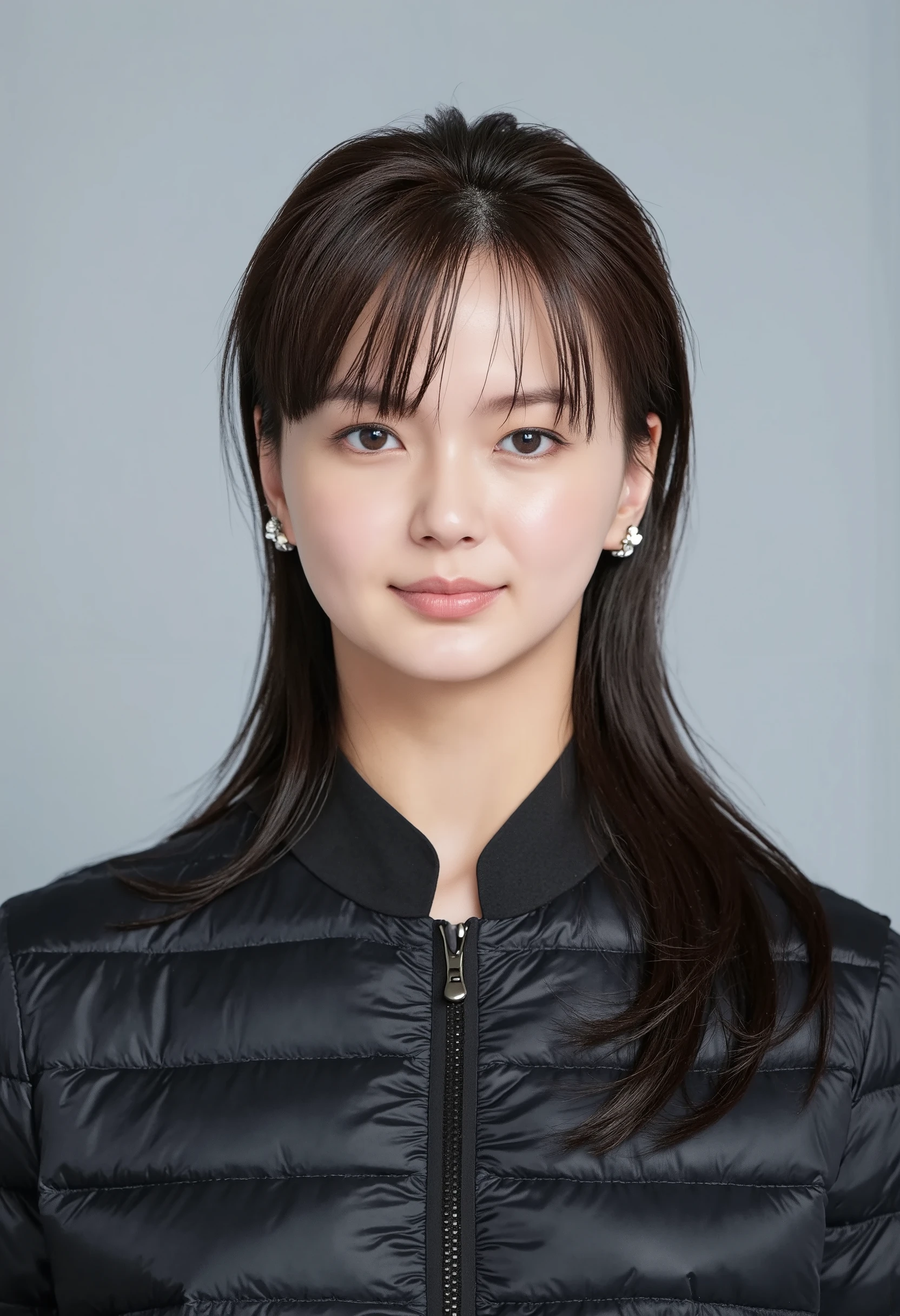 young Japanese woman、 Tabe Mikako、black hair、 ear piercing、smile、 beautiful alignment of teeth、 black down jacket、Gray background

