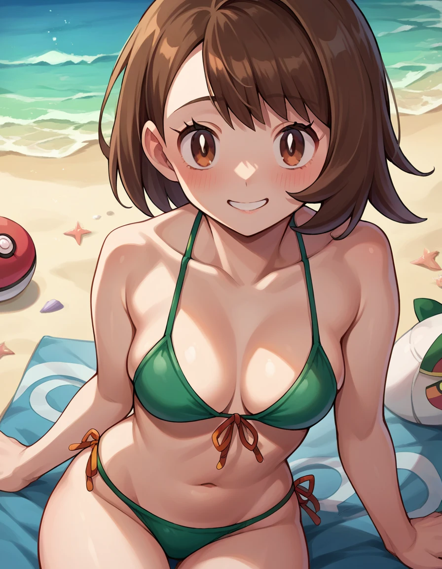 score_9, score_8_up, score_7_up, source_anime,
pokemongloria, pokemongloria, brown eyes, brown hair, medium hair,
Cute bikini,Beach,embarrassing,
looking at viewer, smile