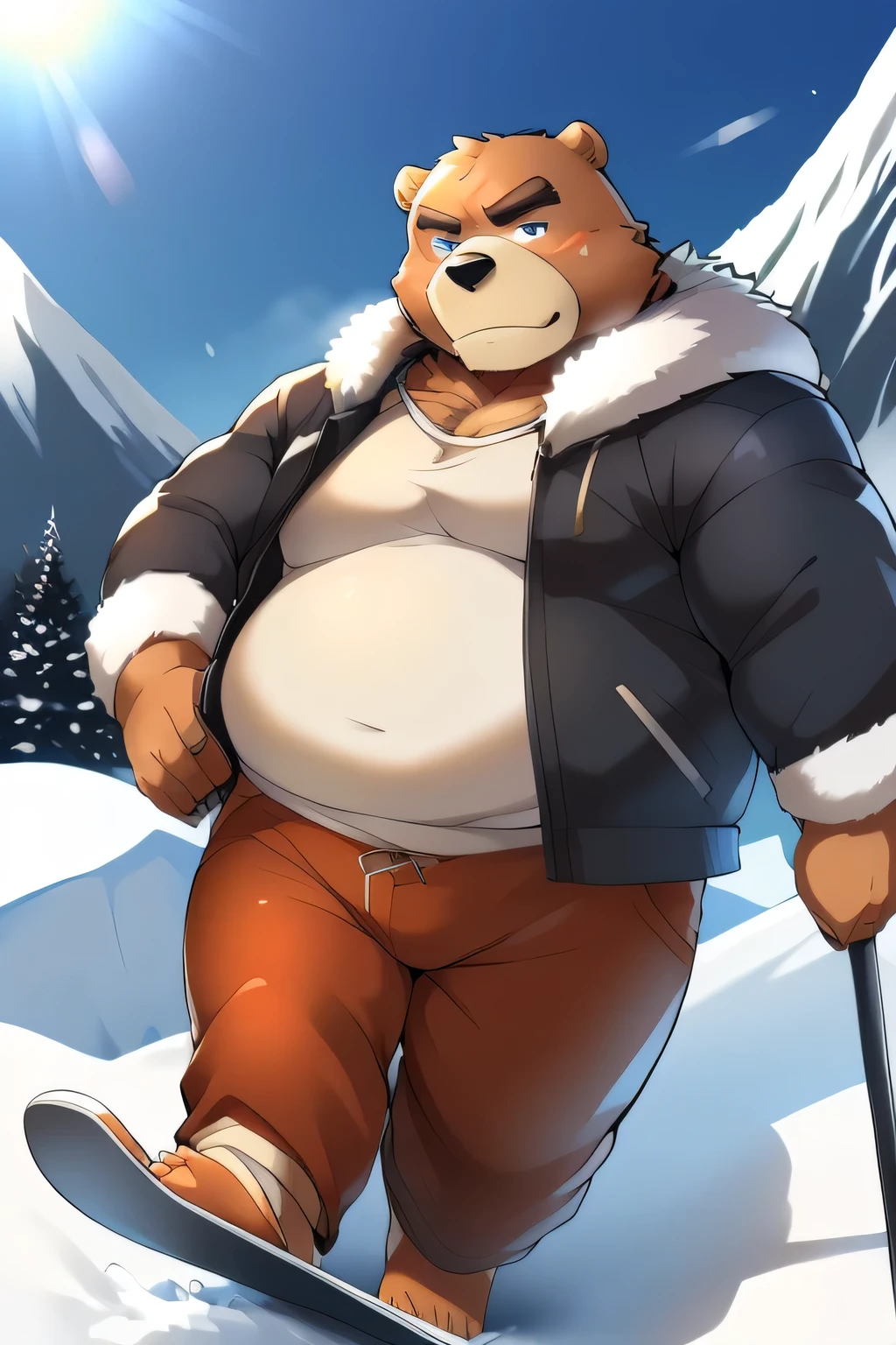 （（obesity、 Being overweight 、Being overweightのの顔 、 He was wearing glasses.、  dark brown fur））（The Bear Beast Man )(Ski、Winter sports 、 snowy mountains、Powder snow 、Ski wear、Very warm figure 、lover、boyfriend） hold ski stock in hand、Glide、 snowy mountains、Slopes、 winter jacket 、 LONG PANTS、 snowy mountains,  winter jacket , Ski goggles , Plaそしてing Ski, snow spray,  skiing ,  ski racing ,  sliding from the summit to the foot of the mountain, In the full view ,  Masterpiece ,  Slim bod and , full bodそして like、He's skiing 。