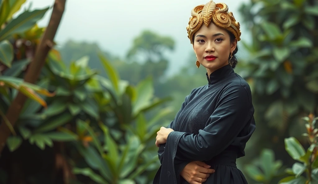 ((realistic photo)) A 25-year-old beautiful Indonesian woman with fair, flawless skin and a friendly expression. She is speaking with a welcoming hand gesture, her demeanor exuding warmth and grace. She wears an all-black traditional Javanese outfit, including a flowing black shawl draped over her shoulders, paired with a majestic golden crown shaped like a snake, adorned with intricate gold ornaments. She stands elegantly in the middle of a dense jungle during the early morning, surrounded by lush greenery and soft mist. The scene captures her entire body, emphasizing her poised posture and graceful movements. Camera angle: wide angle, full-body view, showcasing both her attire and the natural environment. Lighting: soft morning light highlighting the realistic texture of her skin and intricate details of her clothing and crown. Rendered in (((8K resolution))), (((highly detailed textures))), HDR quality, ultra-realistic with a balanced composition.