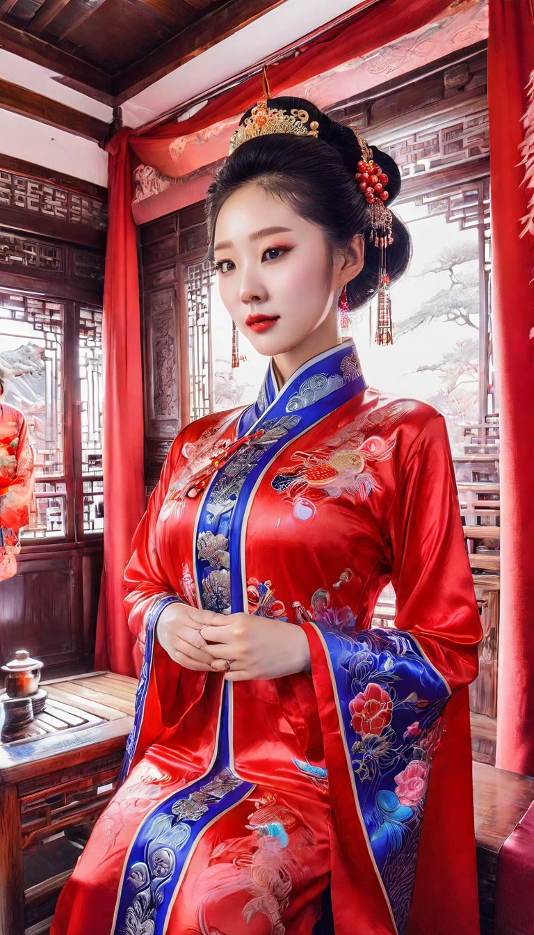  old Chinese royal bedroom  　Super shiny red long sleeve shiny clothes with lots of embroidery,Royal Korean Uniform、China、erect nipples、を着た黒髪の姫  、 embarrassed,、one breast out She blushed and embarrassed,  Tented shirt Breastmilk can be pumped by someone else's hands　hand under clothes