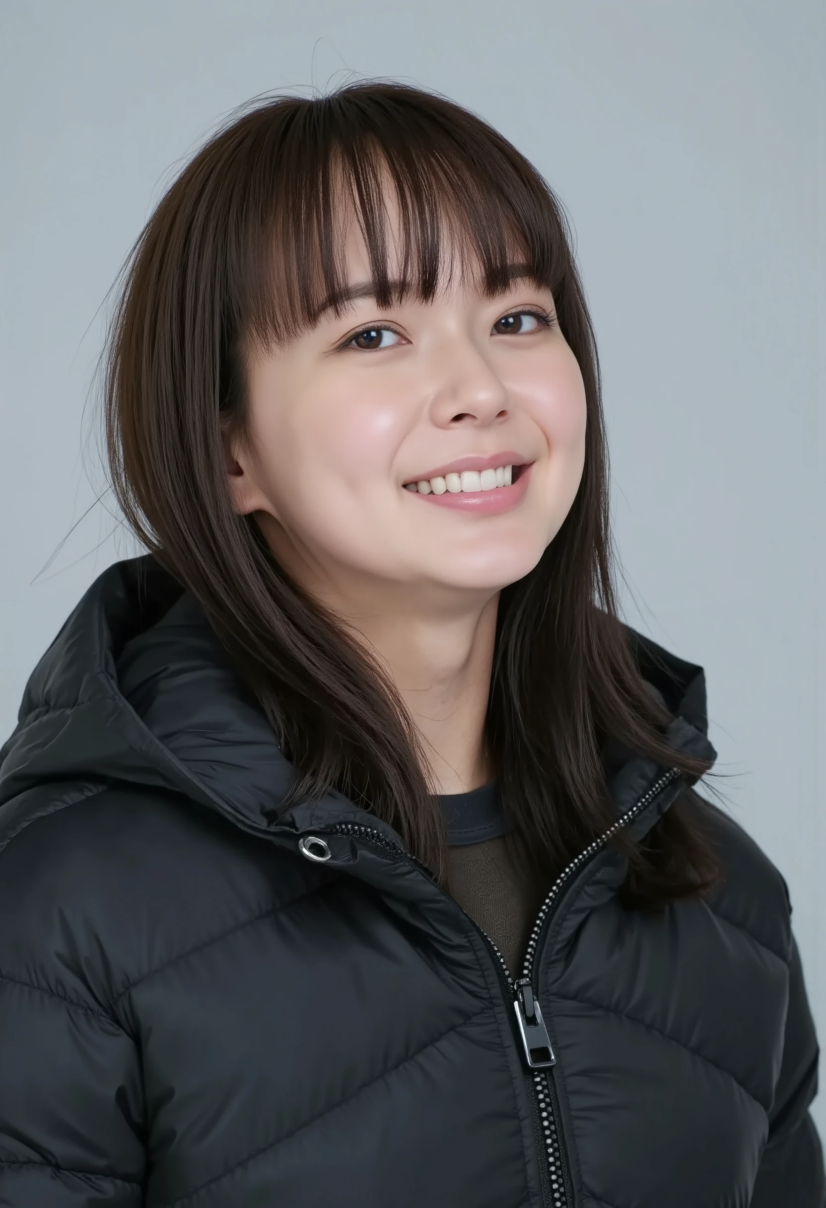 young Japanese woman、 Tabe Mikako、black hair、 ear piercing、 big smile when looking back、 beautiful alignment of teeth、 black down jacket、Gray background
