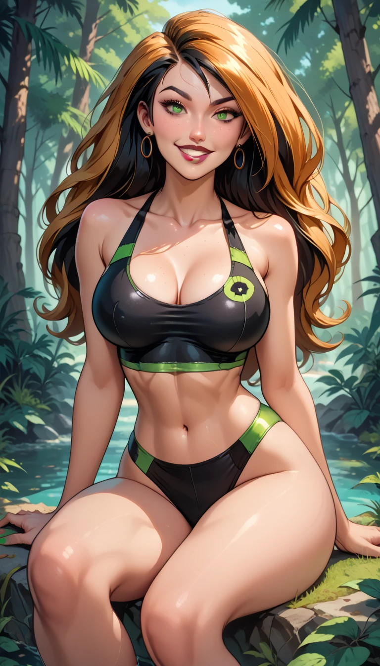 perfeita , kim possible,black swimsuit:1.0)) ,  long hair,  green eyes, smile,,  thick thighs  ,Dynamic pose,smile,  Big breasts  ,  vibrant colors,,     lipstick and lip gloss ,very sexy, detailed hair , detailed eye ,  sitting in sexy positions ,  Na Rocha  ,    in the forest,