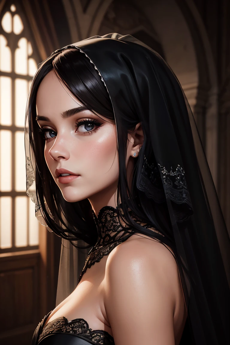 a beautiful woman, beautiful detailed eyes, beautiful detailed lips, extremely detailed eyes and face, long eyelashes, delicate facial features, elegant expression, slender neck, fair skin, glossy hair, black and white dress, detailed folds and textures, high fashion, flawless complexion, sharp contrast, dramatic lighting, cinematic, chiaroscuro, elegant, sophisticated