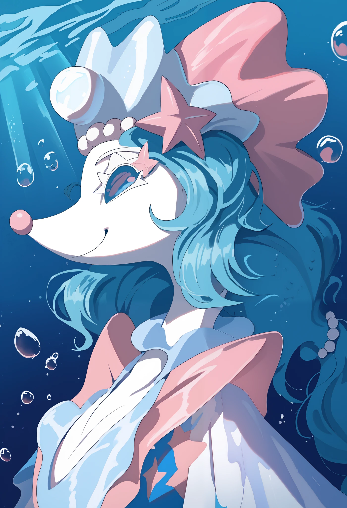 [char1=" (thin:1.2, slim:1.3) ,female, long pink eyelashes, primarina:1:2, perfect primarina, pokemon, cute, high detailed, primarina's nose, halfclosed eyes, seal anthro, like a mermaid, detailed eye,  perfect primarina, hairs messy like is strong wind(art nouveau), perfect primarina's tail, wet, under ther sea"], char1 on profile, bubbles, a lot of bubbles, {sea's floor|inside a house close to the beach} scenario:1.2, vivid colors, detailed water, 4k, detailed background, detailed hairs, underwater light rays, lineless, white lines, minimalistic art, anime color style, simple shading, drammatic shot, light from behind, by pixelsketcher:0.5, by hioshiru:0.4