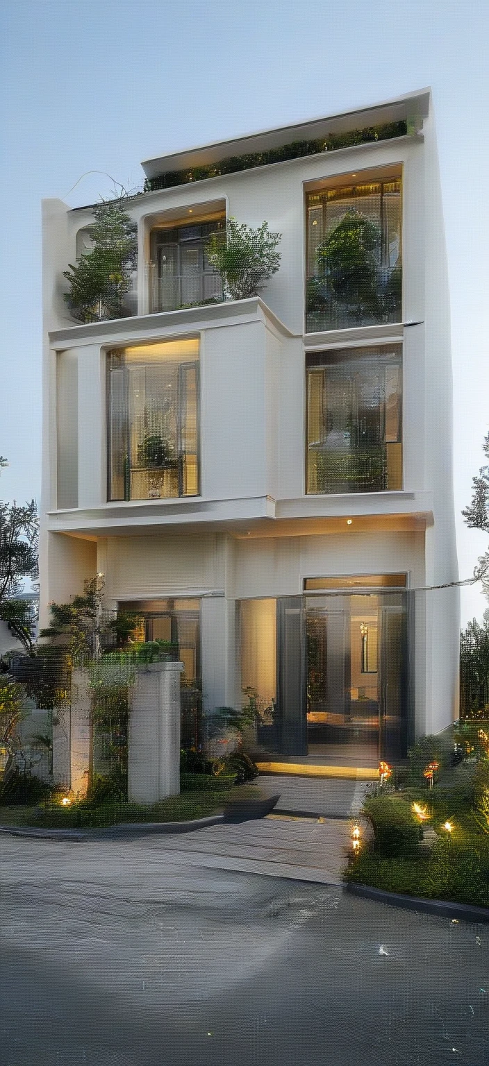 neo classical villa on street, (daylight), tropical tree, vivid colour, streetcapes, white tone, black detail, white wall, large glass door, warm interior lighting, best quality, masterpiece, ultra realistic