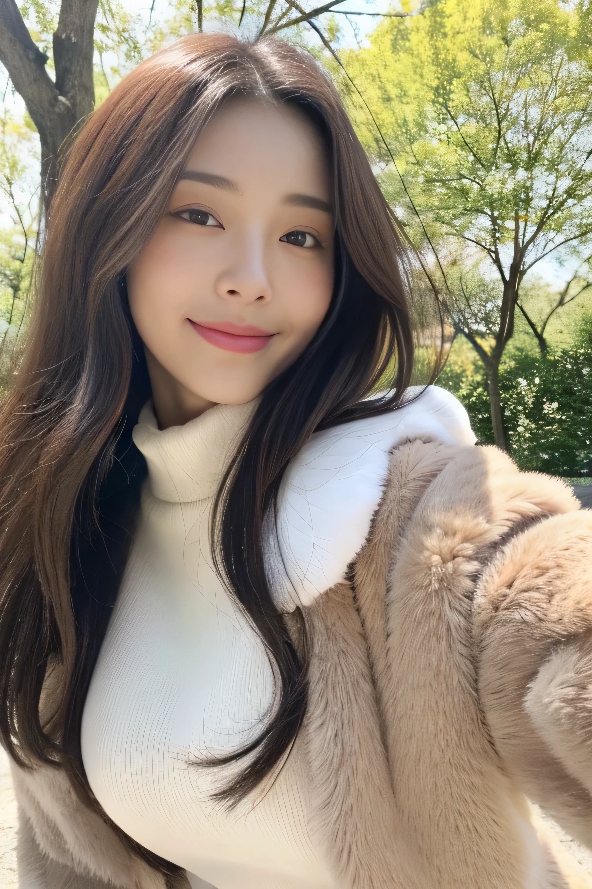 realistic photos of (1 cute Korean star) straight hair, thin makeup, medium breasts size, slightly smile wearing sweater and scarf ,selfie, at snow town, snow fall, upper body portrait, RAW photo