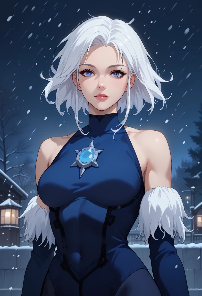 (masterpiece,best quality,absurdres,beautiful,aesthetic,detailed,cell shading),fantasy,1girl,upper body,solo,wizard,robes,cleavage,white hair,ice cave,crystal,magic,glowing