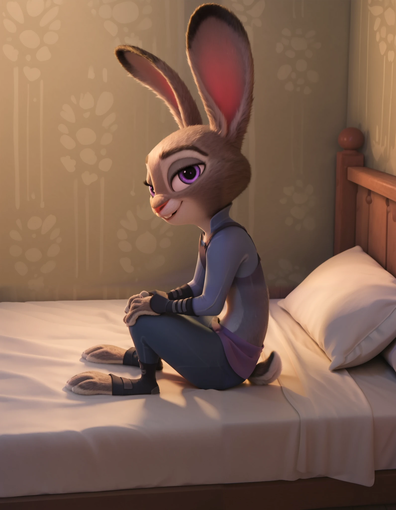 score_9, score_8_up, score_7_up, judyhopps, rating explicit, solo, grey fur, rabbit ears, purple eyes, implied nudity, Expressiveh, short, solo, Judy hopps on a bed, full body, smiling, blankets, half opened eyes, seductive, angle side on bed, looking at viewer, sitting on bed, ok side, from side, view from side, , evening, side view of the bed, lilandavastyle, judyhopps, bunny 