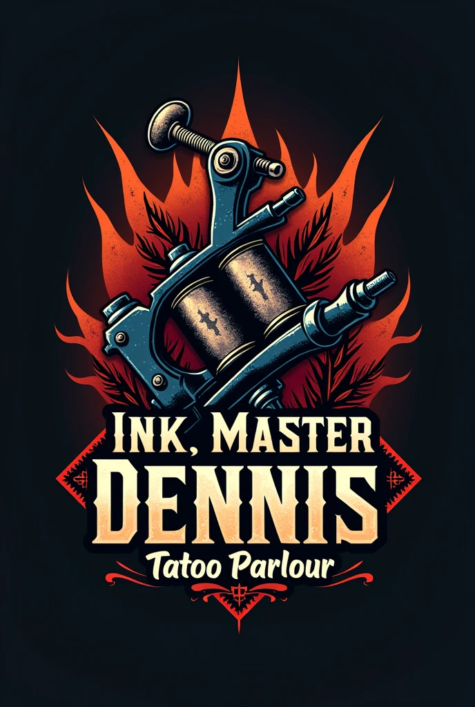 Circle logo image with spilled paint splatter, inside there is a Japanese anime with a tattoo and on the back there is big writing "blessink tattoo" Red blue pink color