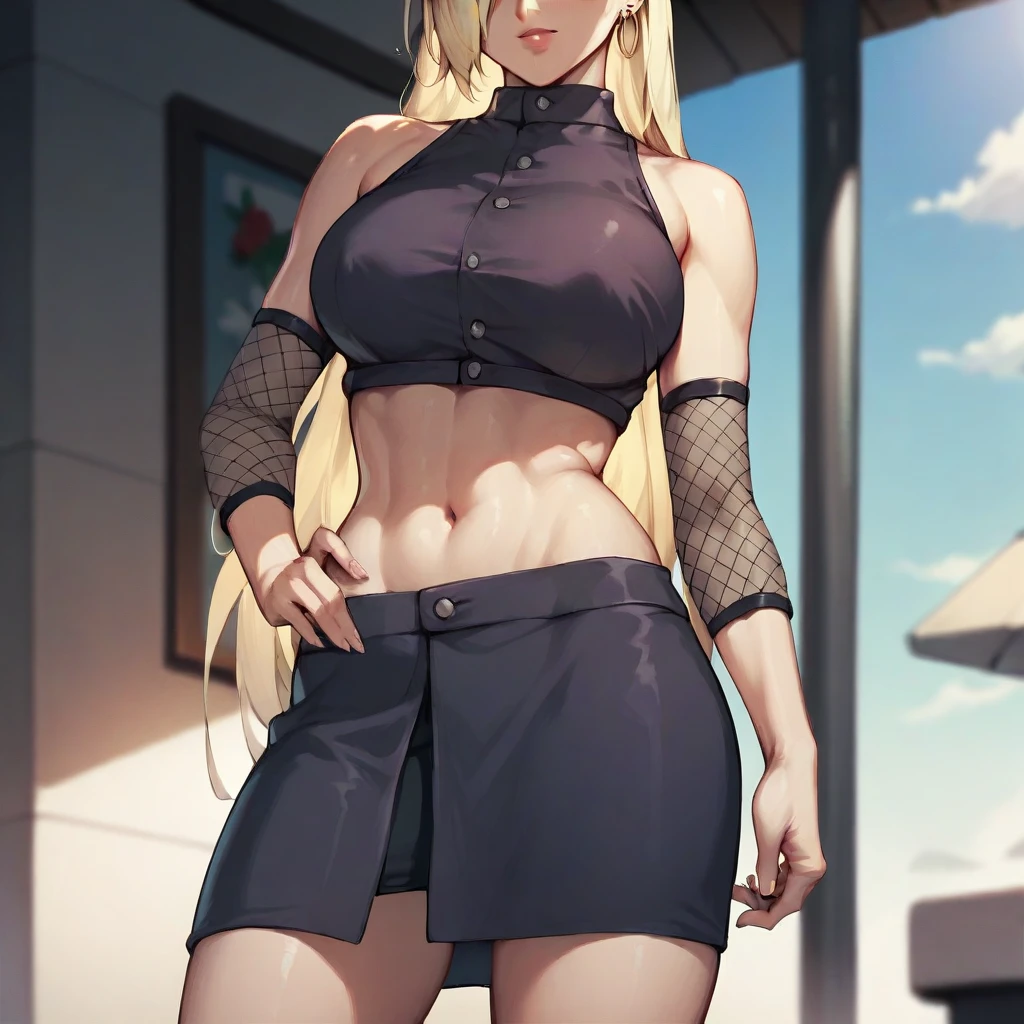 InoLongHairShipuuden, 1girl, midriff, blonde hair, hair over one eye, large breasts, fishnets, blue eyes, crop top, bare shoulders, navel, skirt, groin, cowboy shot