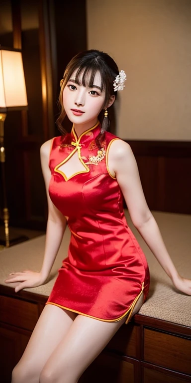 (highest quality、8k、masterpiece、Hmph:1.2)、19-year-old slender beauty，Flashy makeup using red eyeshadow，Open your mouth wide、Yōho、double eyelid，Delicate medium cut ponytail，squat、Spread your legs，　Showing white panties,Her white panties are clearly visible、Sexy Chinese dress and silk mini skirt，The best smile，She is wearing a sexy short colorful cheongsam。。，Cheongsam with deep slit，Draw hands correctly，The background is the bright interior of a Chinese restaurant...，