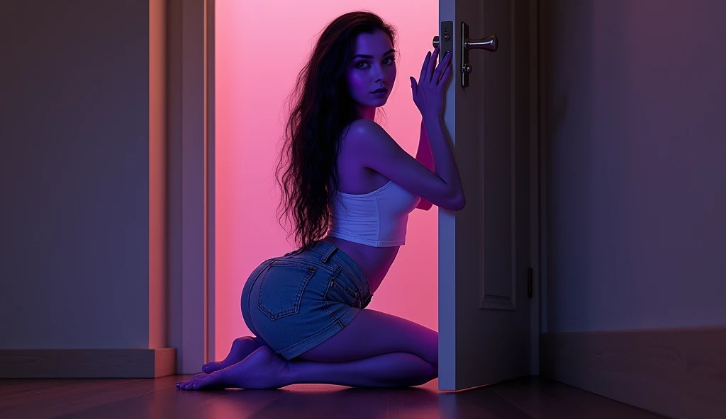 1girl, TeentitansRaven porn movie naked big , languid, loose, dark purple hair, glowing violet eyes, rear view standing in a bedroom, wearing black latex underwear over her fully naked body, surrounded by an aura of glowing purple psychic energy. erotic nsfw pose, 11:30 pm, dimly lit, dark room, bad camera, bad photo, moody, by ellen von unwerth, Polaroid photography,