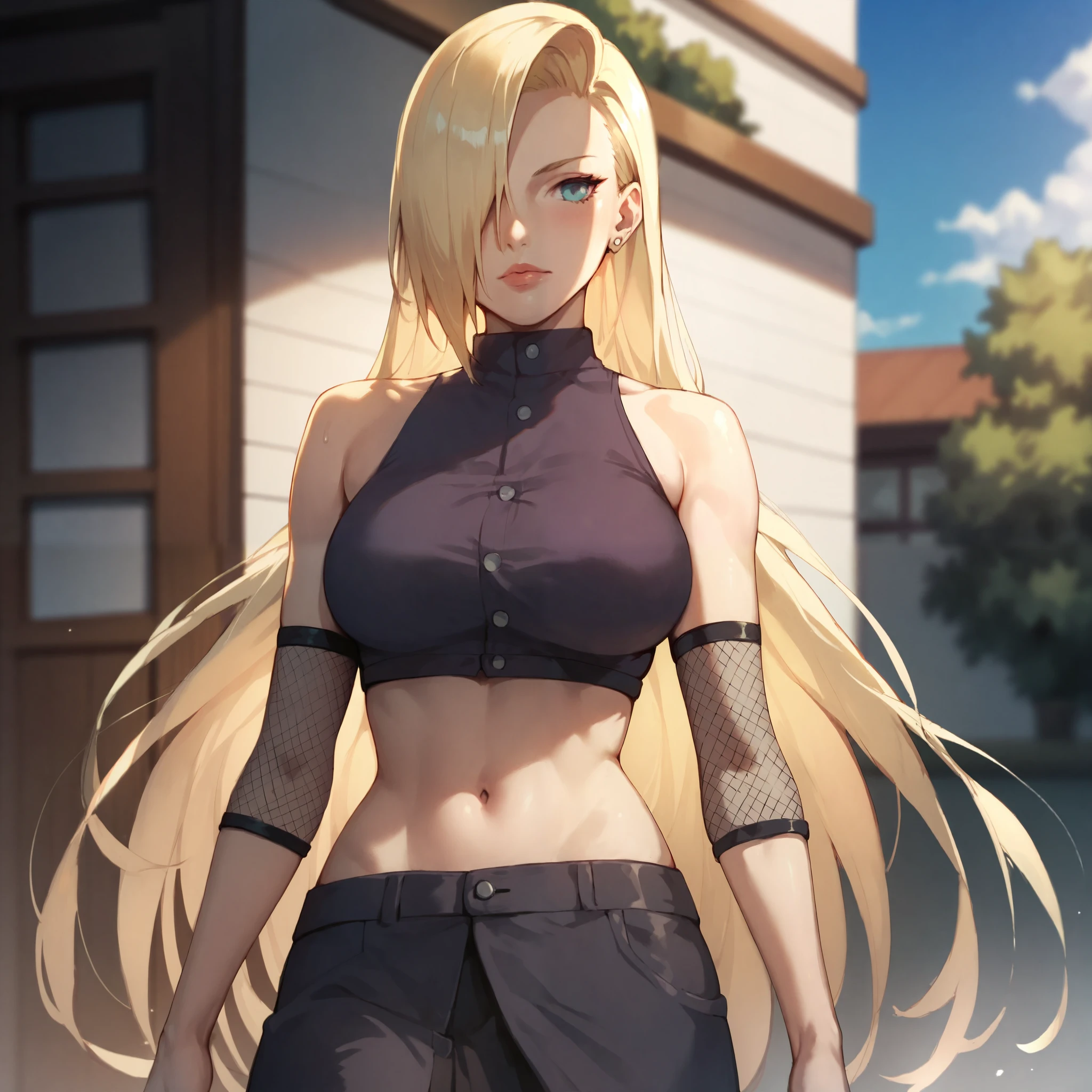 InoLongHairShipuuden, 1girl, midriff, blonde hair, hair over one eye, large breasts, fishnets, blue eyes, crop top, bare shoulders, navel, skirt, groin, cowboy shot