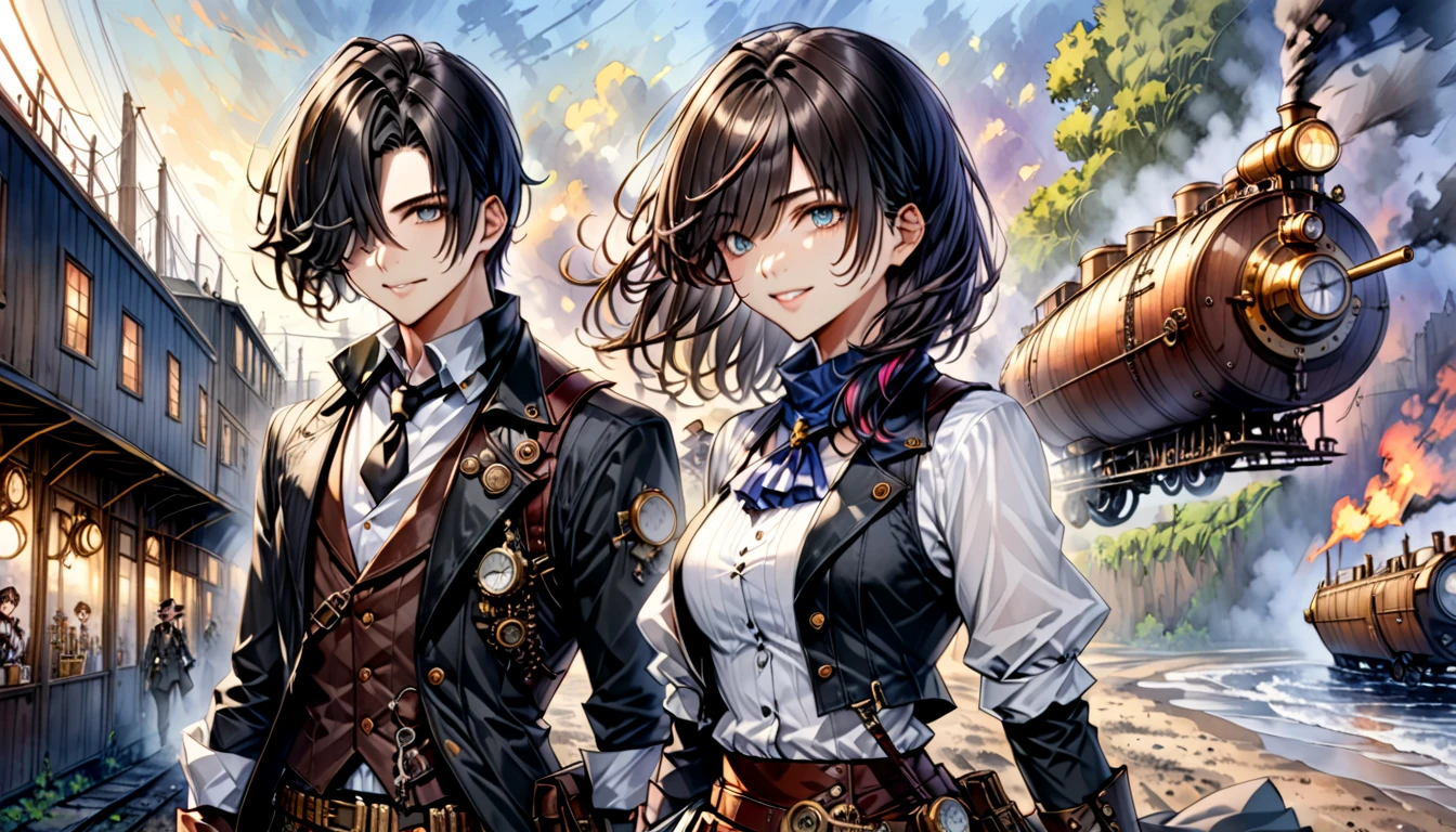  Steampunk  ,  a young gunman with dark hair in a blue costume"Asuka"and a beautiful woman in a white costume with black hair "Haruna"Buddy  , Watercolor ,  very detailed  , Precision , 4K