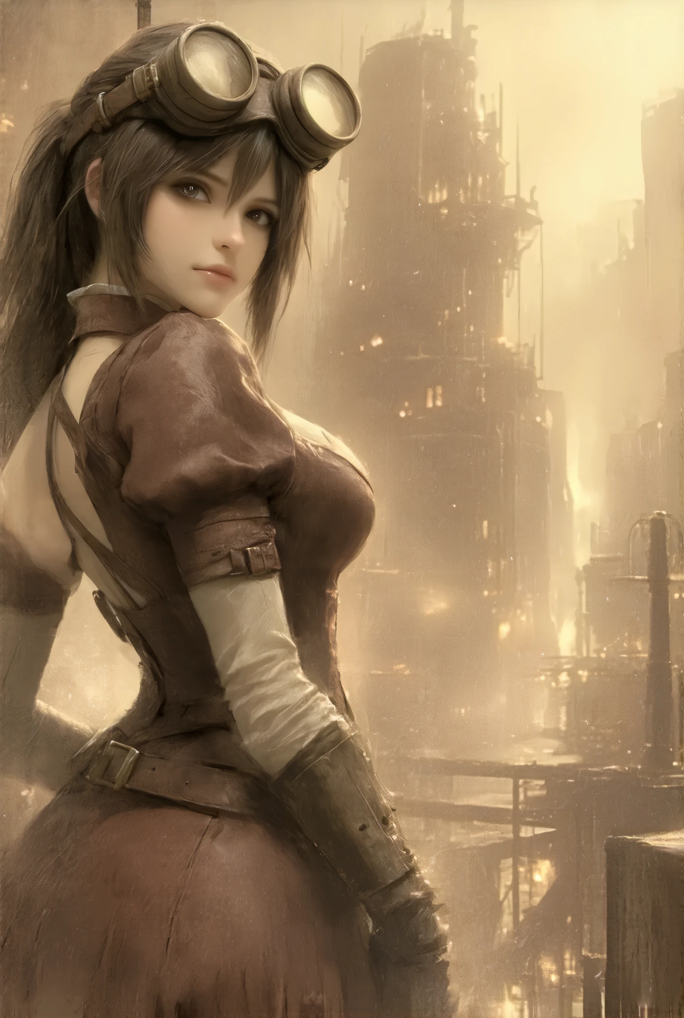 (:1.2), (steampunk style, Sepia nostalgic painting style:1.3)、(((masterpiece)))、((highest quality))、(super detailed)、(CG illustration)、(so beautiful ))、cinematic light、(((one young lady in steampunk style gear equiped dress, final fantasy VII Tifa))), (head gear, scope), ((large breasts:1.2), (huge breasts:1.2), (Uplifted and well-defined bust:1.2), (lifted chest:1.2), (perky breasts :1.2),(deep cleavage:1.4), 、  near future city,  brick building,  steampunk,  Rusty and heavy, Water vapor from the sewer , , Gear, mechanical bike,  skyscraper , Tower, Steam power, Steam pipe , Street lamp, ( Cinematic Lighting :0.8,  super detailed, bloom)