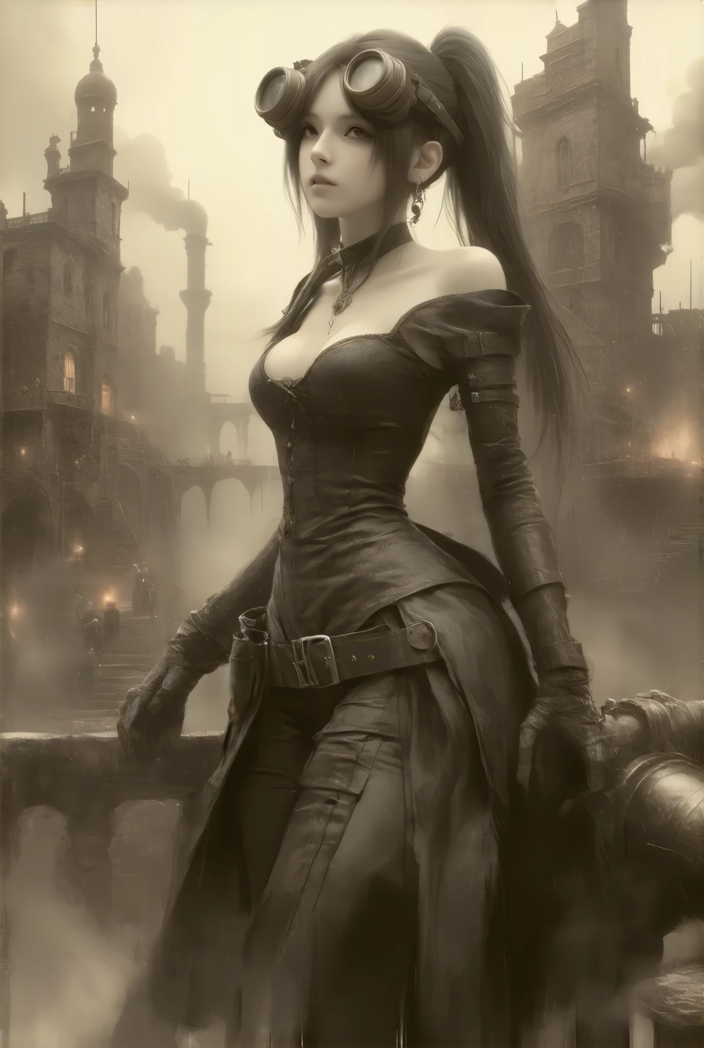 (:1.2), (steampunk style, Sepia nostalgic painting style:1.3)、(((masterpiece)))、((highest quality))、(super detailed)、(CG illustration)、(so beautiful ))、cinematic light、(((one young lady in steampunk style gear equiped dress, final fantasy VII Tifa))), (head gear, scope), ((large breasts:1.2), (huge breasts:1.2), (Uplifted and well-defined bust:1.2), (lifted chest:1.2), (perky breasts :1.2),(deep cleavage:1.4), 、  near future city,  brick building,  steampunk,  Rusty and heavy, Water vapor from the sewer , , Gear, mechanical bike,  skyscraper , Tower, Steam power, Steam pipe , Street lamp, ( Cinematic Lighting :0.8,  super detailed, bloom)