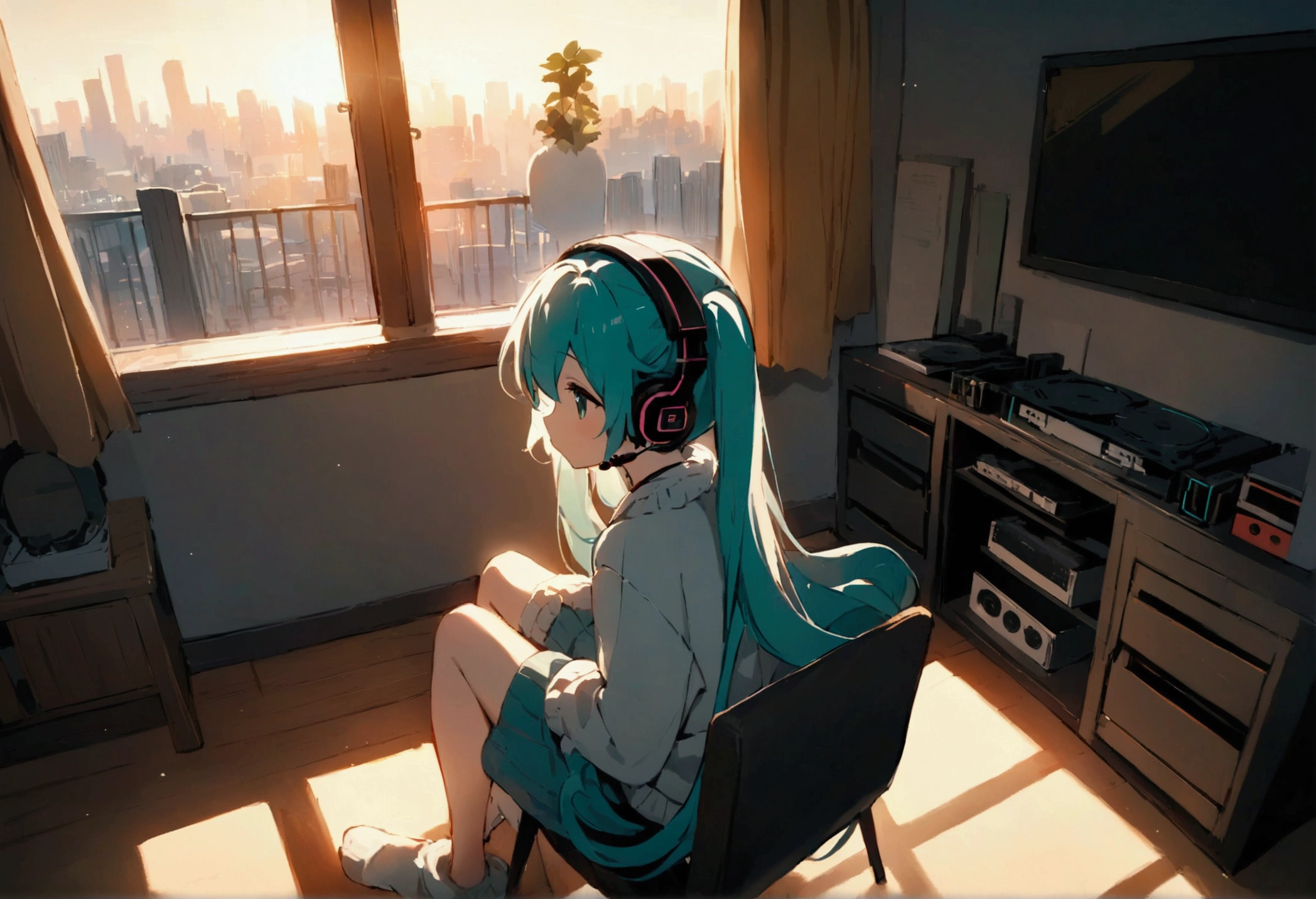 ((Best Quality)), (masterpiece), wide-angle view of a cozy, bright room during golden hour. Hatsune Miku sits by the window, wearing headphones, with teal twin tails and a serene expression. Warm sunlight streams through the window, casting a soft glow over the room. The space features simple yet inviting furniture, a few audio devices with subtle reflections, and a vibrant cityscape visible outside, creating a lively yet nostalgic mood.