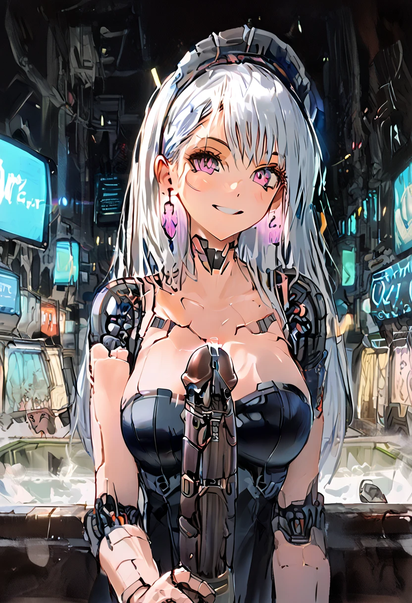 1 Girl, Solo, Colorful, purple Eyes, Cyberpunk, Mechanical Scrap Zone, Cityscape, Earrings, Long Messy White Hair, Mechanical Hat, Mechanical Body, Robotic Arm, Mecha, Robot, Mechanical Maiden, Neon Lights, Beautiful Lights, Character Focus, CG Illustration, Bust Shot, 8k Resolution, Very Detailed, Anatomically Correct, Digital Painting, Concept Art, Clear Picture. Monochrome. Purple lights. Black lights. (cleavage), (Teasing), (pov), (closer), (mischievous smile), (lusty expression), (pressing breasts), Futanari, cock, condom, bath, penthouse.